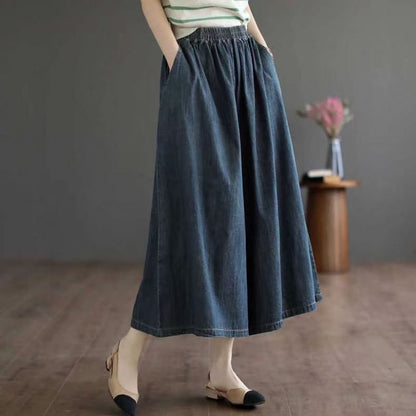 Elastic Waist Denim Cropped Culottes
