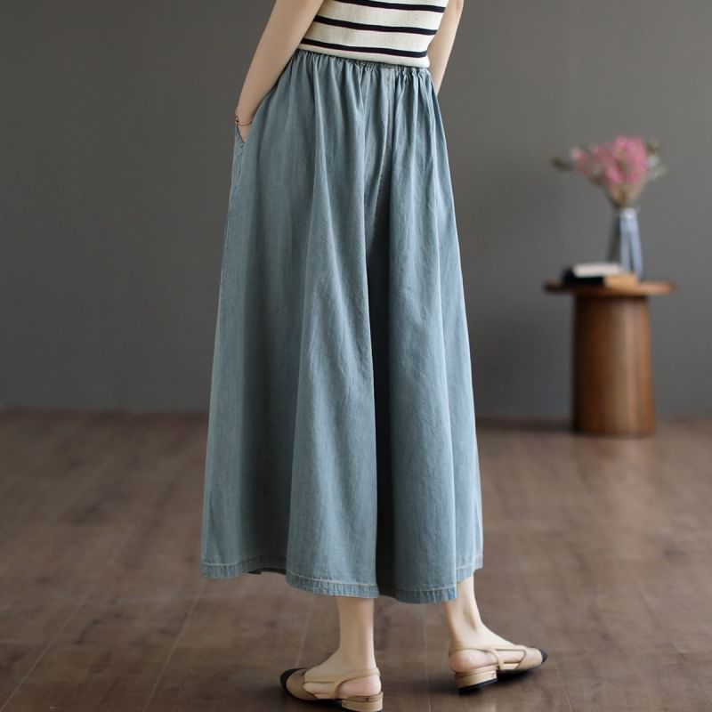 Elastic Waist Denim Cropped Culottes