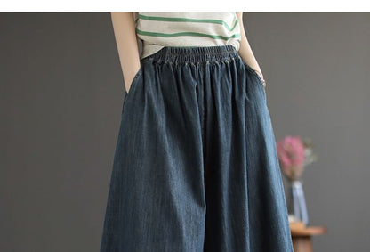 Elastic Waist Denim Cropped Culottes