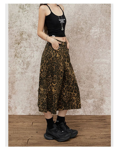 Mid Waist Leopard Print Wide Leg Jorts
