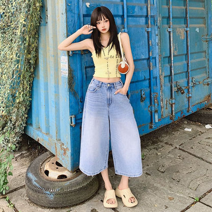 Mid Waist Washed Wide Leg Jorts