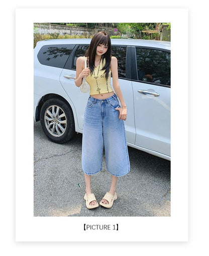 Mid Waist Washed Wide Leg Jorts