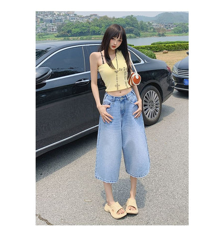 Mid Waist Washed Wide Leg Jorts