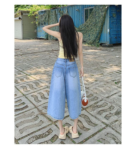 Mid Waist Washed Wide Leg Jorts