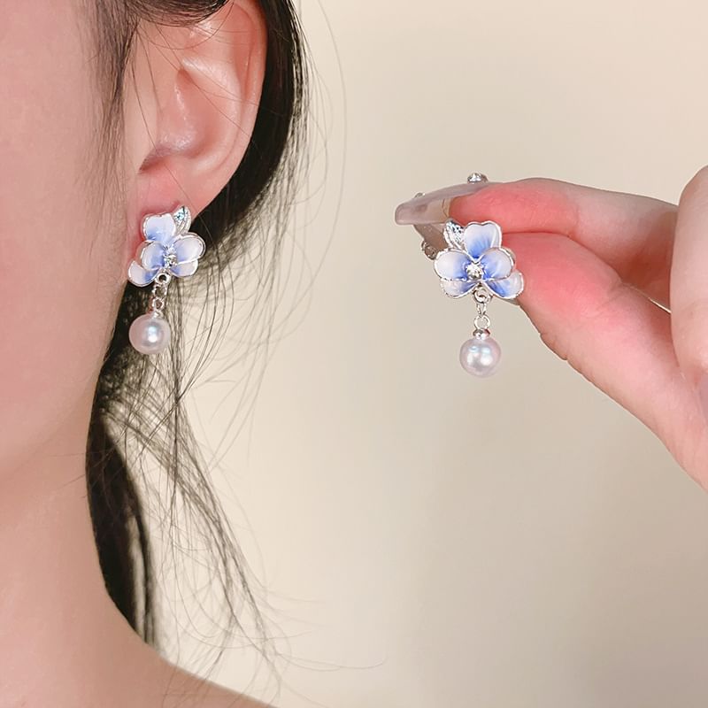 / Pearl Flower Clip Drop Faux On Earring