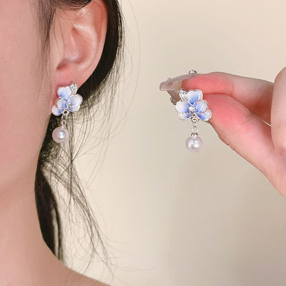 / Pearl Flower Clip Drop Faux On Earring