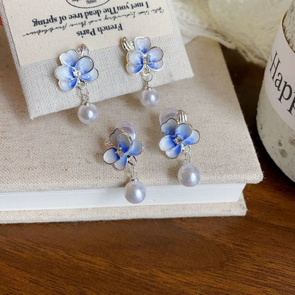 / Pearl Flower Clip Drop Faux On Earring