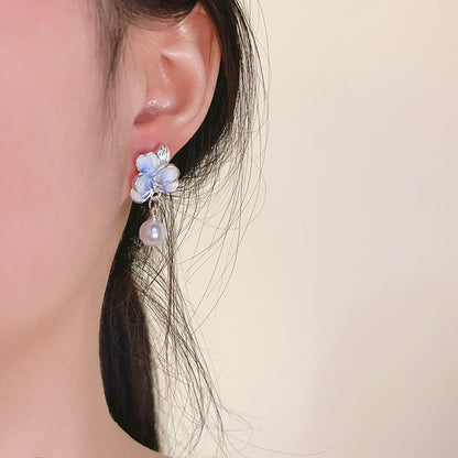 / Pearl Flower Clip Drop Faux On Earring