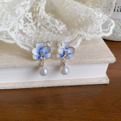 / Pearl Flower Clip Drop Faux On Earring