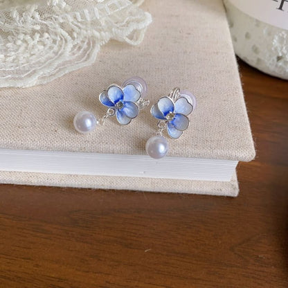 / Pearl Flower Clip Drop Faux On Earring