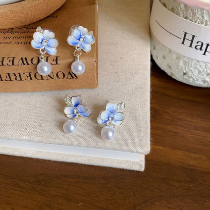 / Pearl Flower Clip Drop Faux On Earring