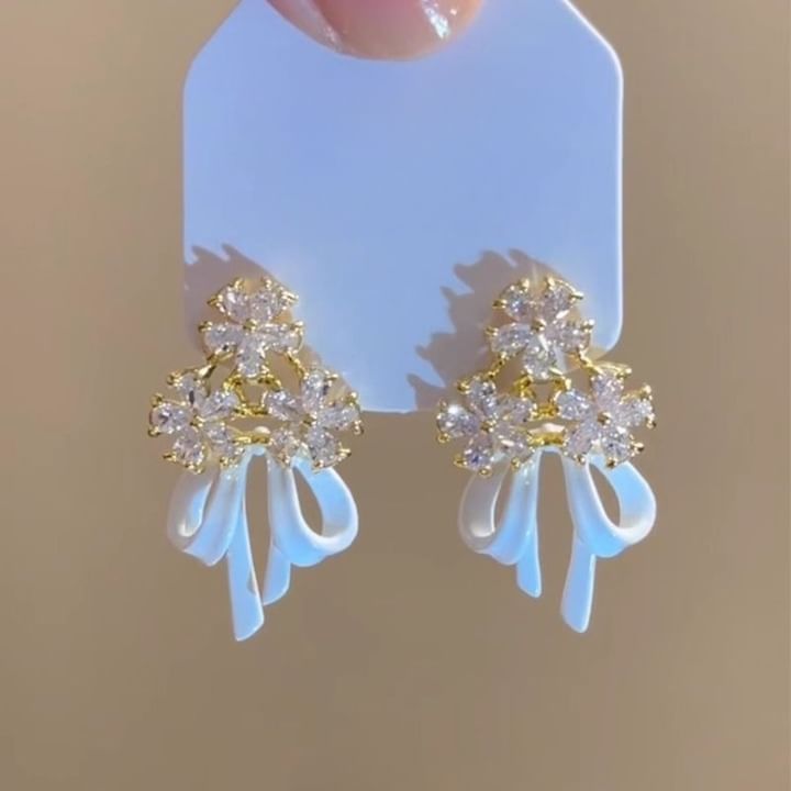 Rhinestone Bow Chandelier Floral Earring Alloy