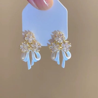 Rhinestone Bow Chandelier Floral Earring Alloy