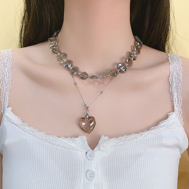 Heart Station Pendant Crystal Faux Choker