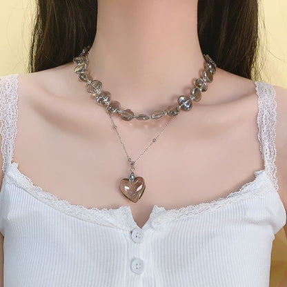 Heart Station Pendant Crystal Faux Choker
