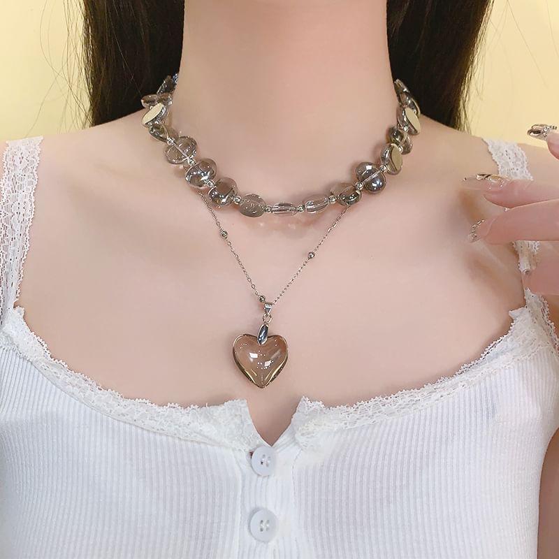 Heart Station Pendant Crystal Faux Choker