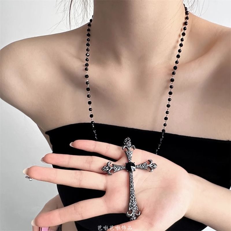 Faux Gemstone Necklace Station Cross Pendant