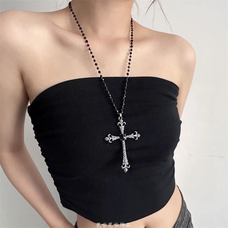 Faux Gemstone Necklace Station Cross Pendant