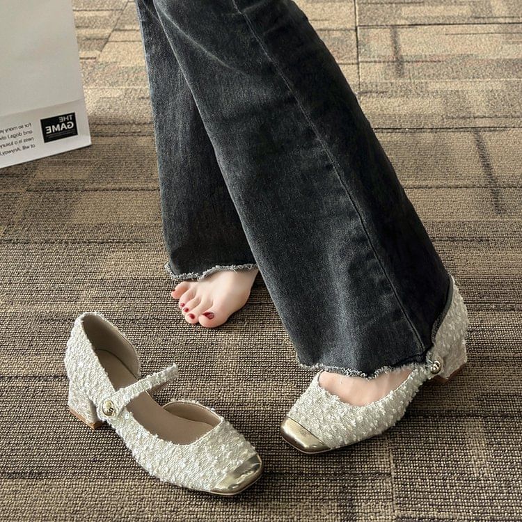 Pumps Sequin Mary Jane Heel Tweed Block Toe Square