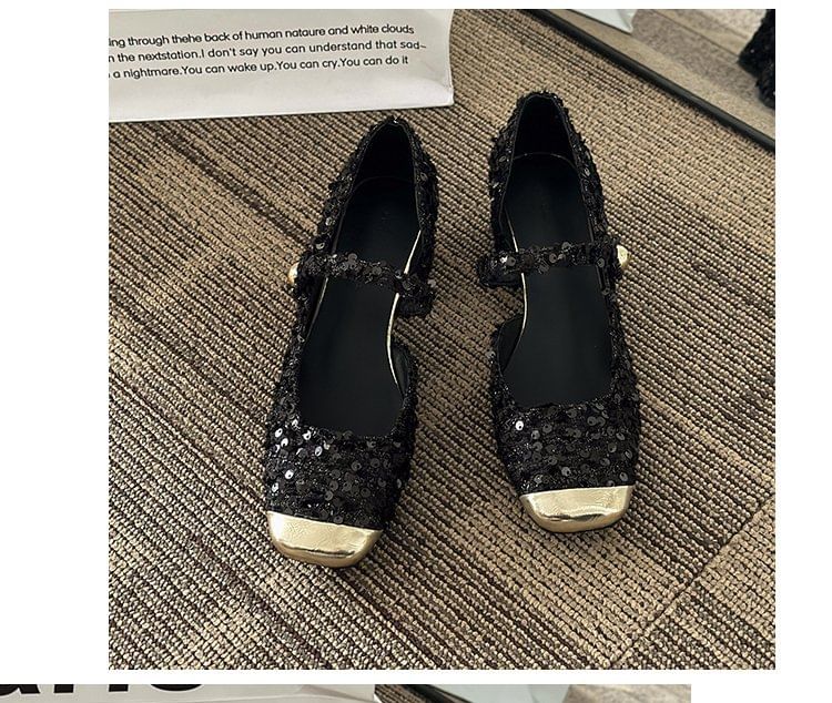 Pumps Sequin Mary Jane Heel Tweed Block Toe Square
