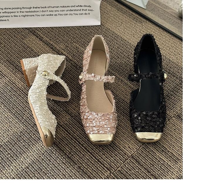 Pumps Sequin Mary Jane Heel Tweed Block Toe Square