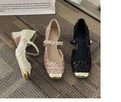 Pumps Sequin Mary Jane Heel Tweed Block Toe Square