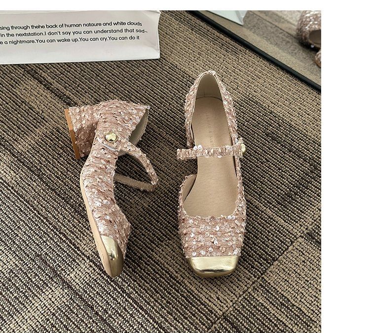 Pumps Sequin Mary Jane Heel Tweed Block Toe Square