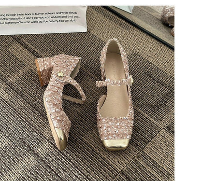 Pumps Sequin Mary Jane Heel Tweed Block Toe Square