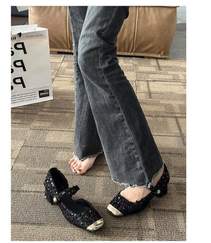 Pumps Sequin Mary Jane Heel Tweed Block Toe Square