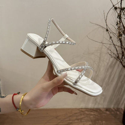 Rhinestone Sandals Block Heel