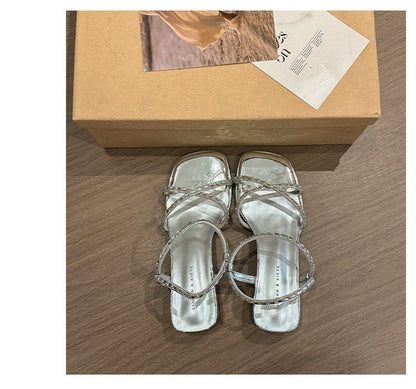 Rhinestone Sandals Block Heel