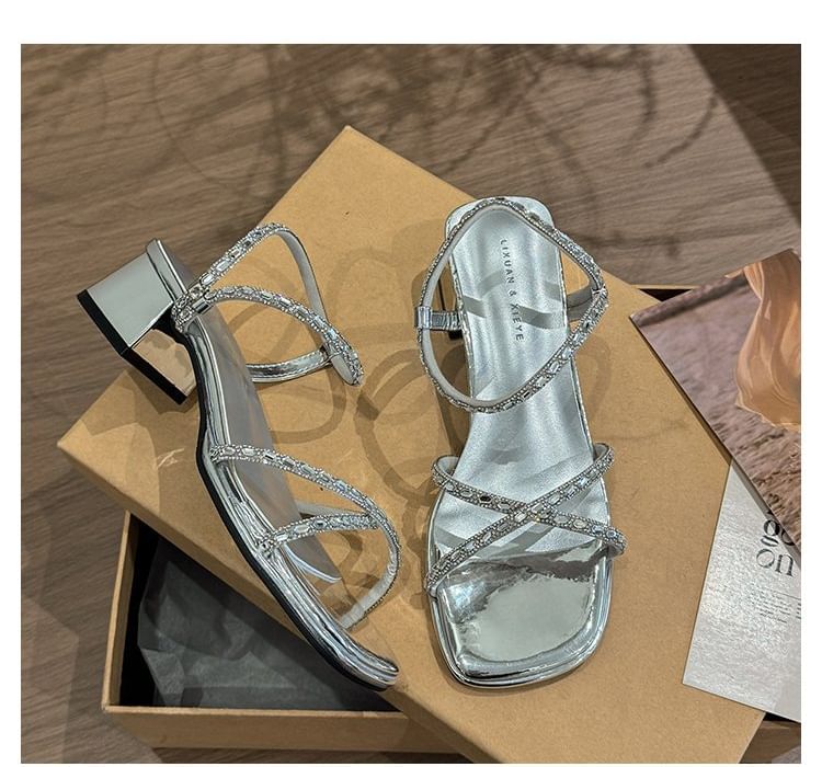 Rhinestone Sandals Block Heel