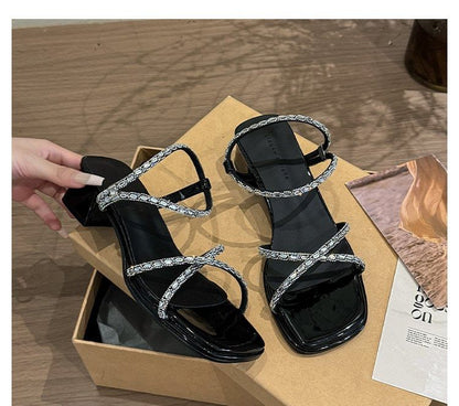 Rhinestone Sandals Block Heel