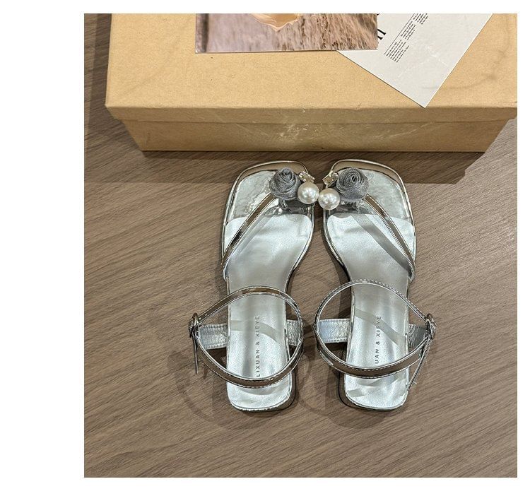 Block Heel Flower Sandals Pearl Faux