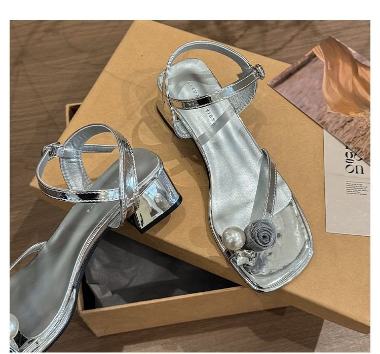 Block Heel Flower Sandals Pearl Faux