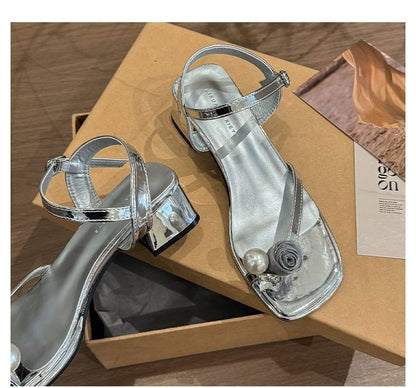 Block Heel Flower Sandals Pearl Faux