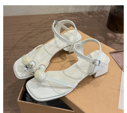 Block Heel Flower Sandals Pearl Faux