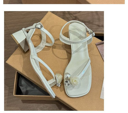 Block Heel Flower Sandals Pearl Faux