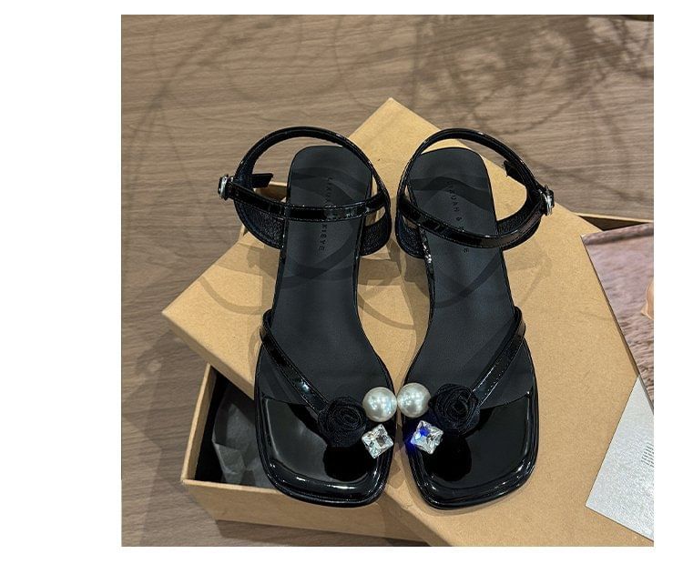 Block Heel Flower Sandals Pearl Faux