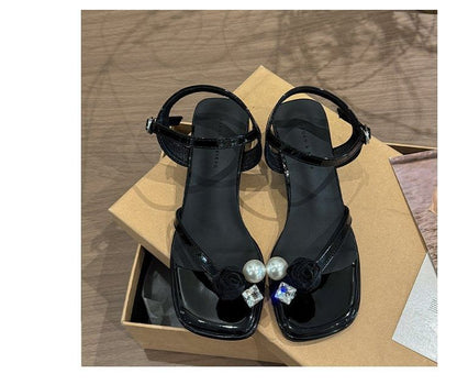 Block Heel Flower Sandals Pearl Faux