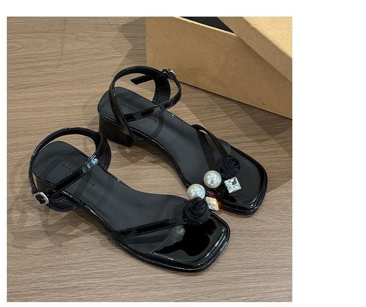 Block Heel Flower Sandals Pearl Faux