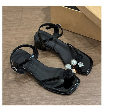 Block Heel Flower Sandals Pearl Faux