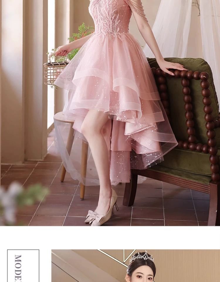 Sleeveless Round Neck Plain Beaded Ruffle High-Low Mesh A-Line Cocktail Dress