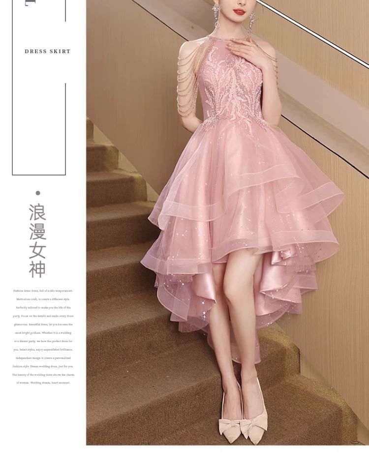 Sleeveless Round Neck Plain Beaded Ruffle High-Low Mesh A-Line Cocktail Dress