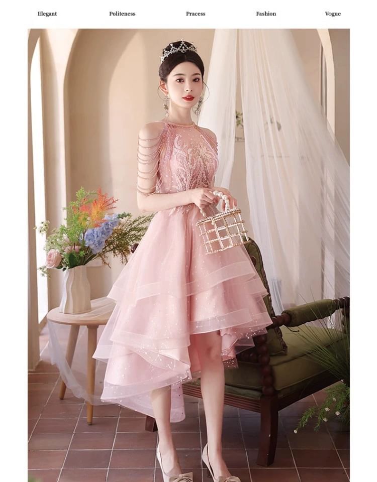 Sleeveless Round Neck Plain Beaded Ruffle High-Low Mesh A-Line Cocktail Dress