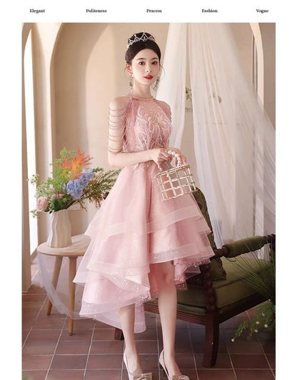 Sleeveless Round Neck Plain Beaded Ruffle High-Low Mesh A-Line Cocktail Dress