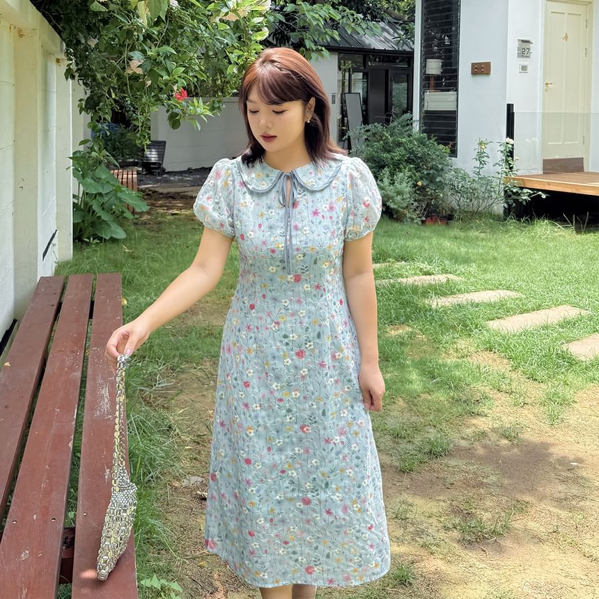 Plus Size Puff-Sleeve Peter Pan Collar Floral Print Embroidered Tie Front Midi A-Line Dress