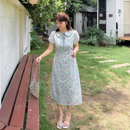 Plus Size Puff-Sleeve Peter Pan Collar Floral Print Embroidered Tie Front Midi A-Line Dress