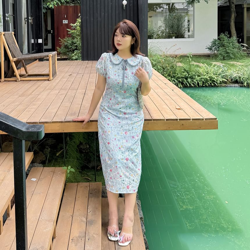 Plus Size Puff-Sleeve Peter Pan Collar Floral Print Embroidered Tie Front Midi A-Line Dress