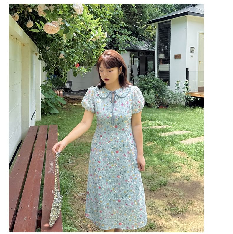 Plus Size Puff-Sleeve Peter Pan Collar Floral Print Embroidered Tie Front Midi A-Line Dress